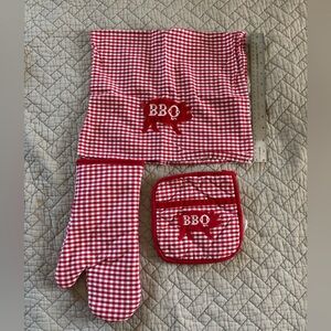 Red Gingham BBQ Kitchen Set Oven Mitt, Pot Holder, and Towel